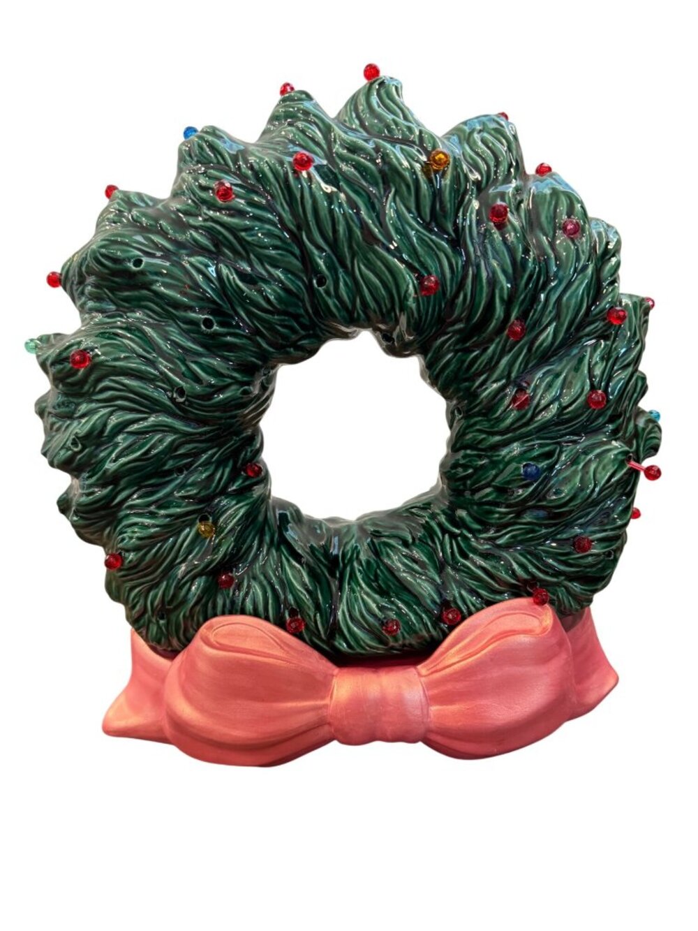 Vintage Ceramic Light-Up Christmas Wreath Decoration With Bow & Multicolor Bulbs - Picture 12 of 16